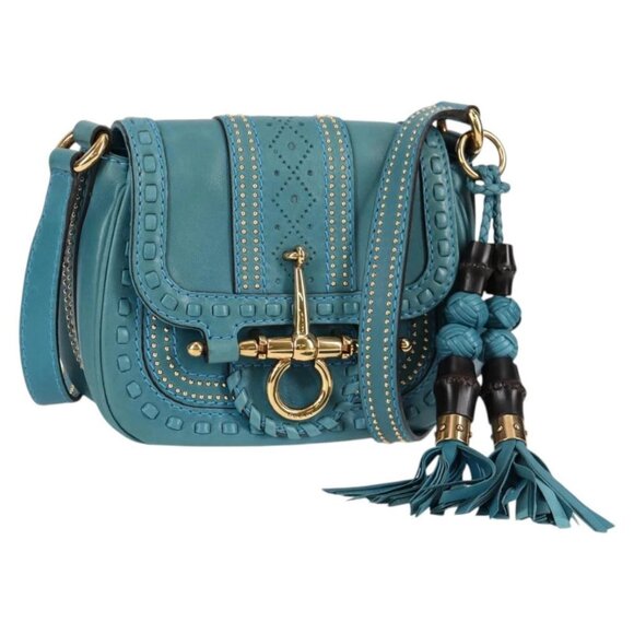 GUCCI Bamboo Shoulder Bag Leather Blue Gold - Picture 1 of 16